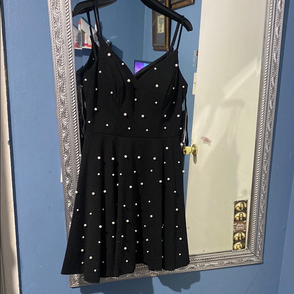 Black Dress and Tan Sweater Dress with Pearl Accents Two brand new dress